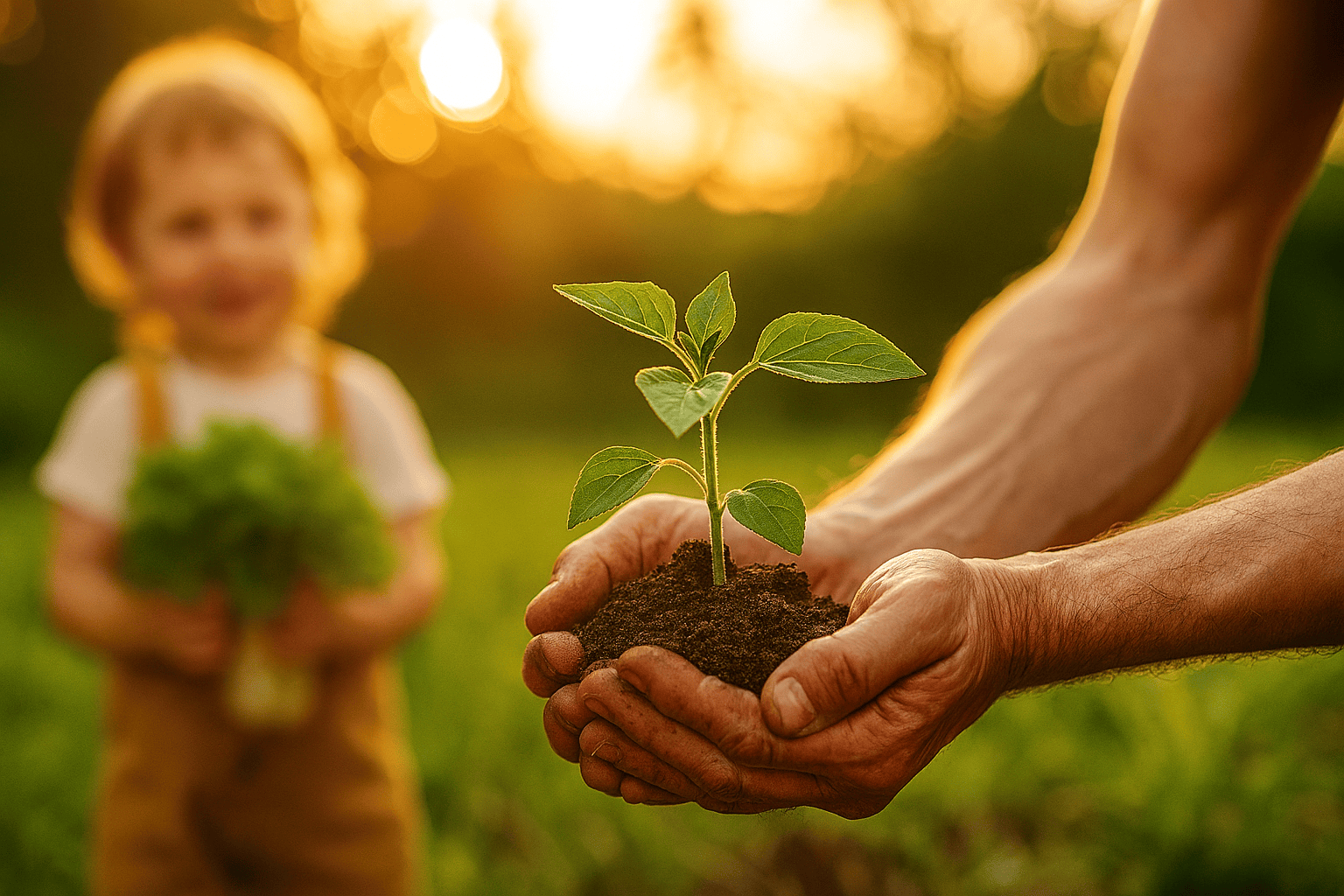 Kind mit Gemüse und Erwachsenen-Hände halten eine junge Pflanze mit Erdballen – Symbol für giftfrei leben und gesunde Lebensmittel.
