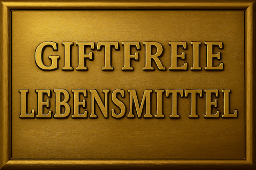 Zielgruppe Verbraucher 2 Goldenes Schild mit plastischer Gravur: GIFTFREIE LEBENSMITTEL