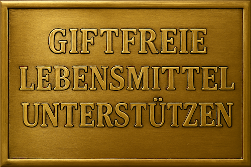 Zielgruppe Unterstützer 2 Goldenes Schild mit plastischer Gravur: GIFTFREIE LEBENSMITTEL UNTERSTÜTZEN