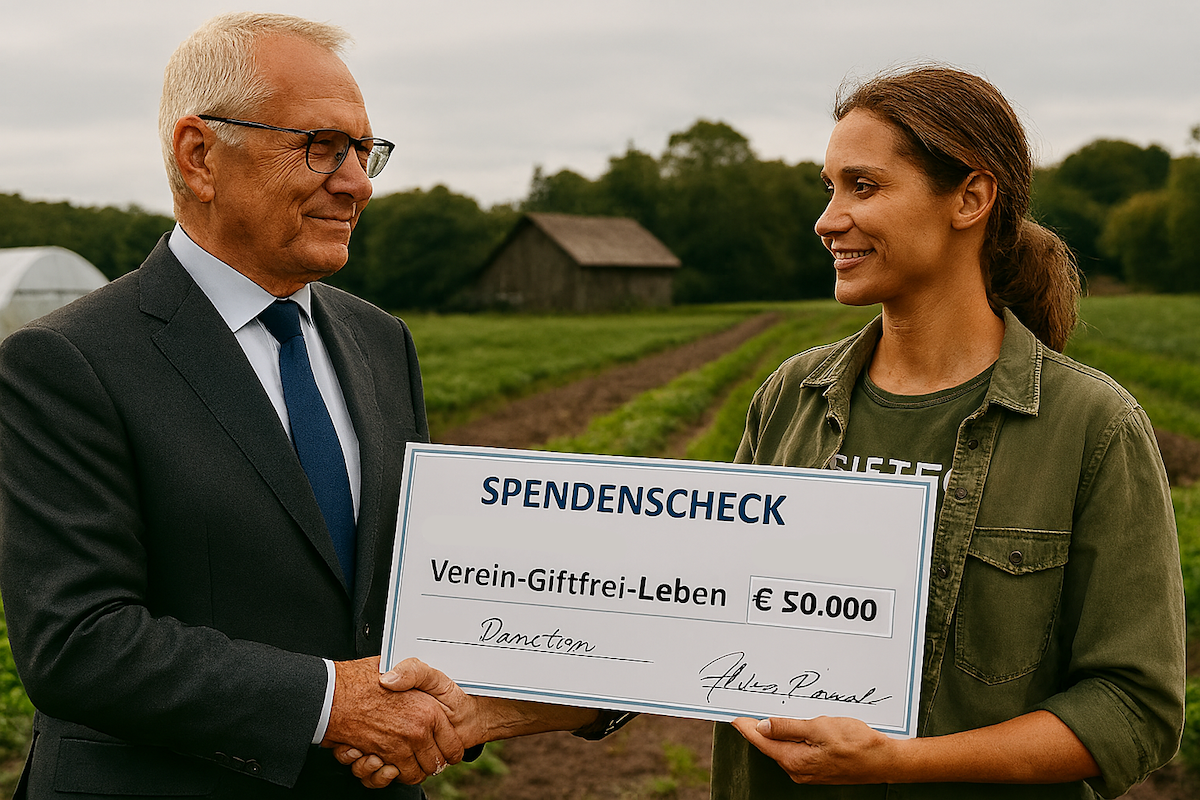 Symbolische Überreichung eines Spendenschecks von einem Geschäftsmann an eine jüngere Frau zur Unterstützung giftfreier Landwirtschaft.