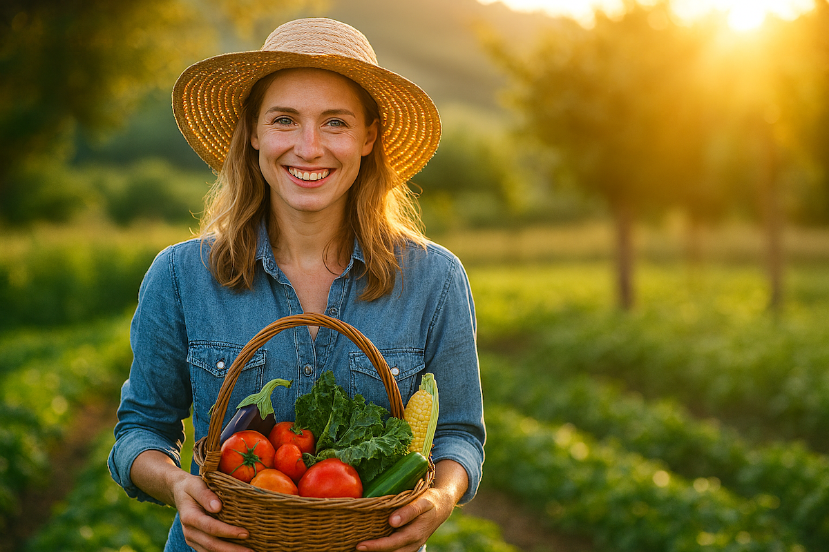 Verbraucherin mit Korb voller giftfreier Lebensmittel auf sonnigem Wochenmarkt