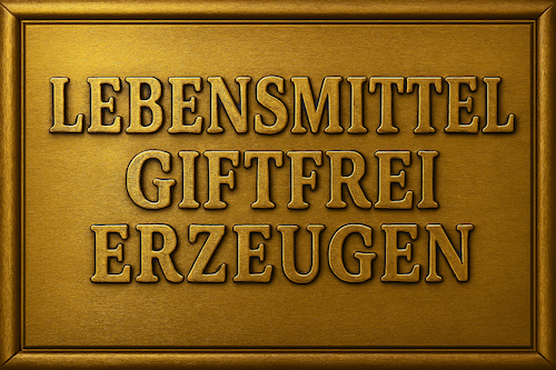 Goldenes Schild mit plastischer Gravur: LEBENSMITTEL GIFTFREI ERZEUGEN