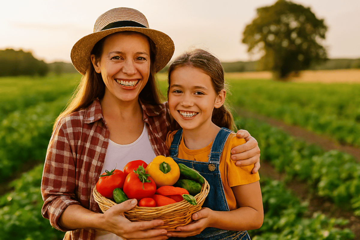 Giftfrei pestizidfrei Lebensmittel – Mutter und Tochter mit Gemüsekorb auf dem Feld bei Sonnenlicht