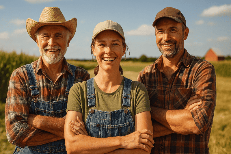 Drei Landwirte stehen in einem sonnigen Sommerfeld und blicken offen in die Kamera – Symbolbild für die Online‑Umfrage für Landwirte 2026.