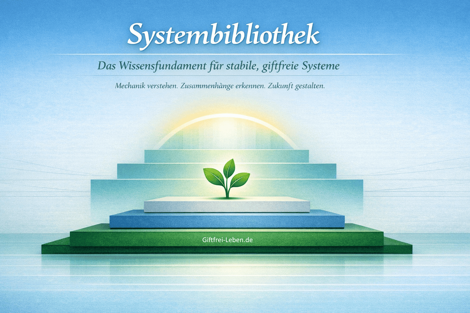 Systembibliothek – Das Wissensfundament für stabile, giftfreie Systeme: ruhige, horizontale Grafik mit gestuften Wissensebenen, einer stilisierten Pflanze als Symbol für Wachstum und einem sanften Lichtbogen für Zukunft und Orientierung.