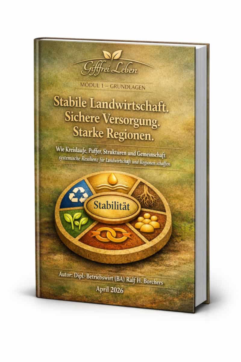 3D‑E‑Book‑Cover von Modul 1: Wie Ernährungssysteme wirklich funktionieren – sachliches Design mit Systemkreis, goldenem Hintergrund und klarer Typografie.