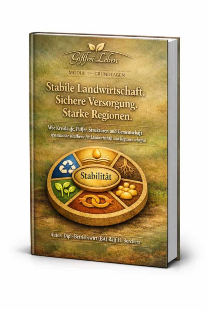 3D‑E‑Book‑Cover von Modul 1: Wie Ernährungssysteme wirklich funktionieren – sachliches Design mit Systemkreis, goldenem Hintergrund und klarer Typografie.