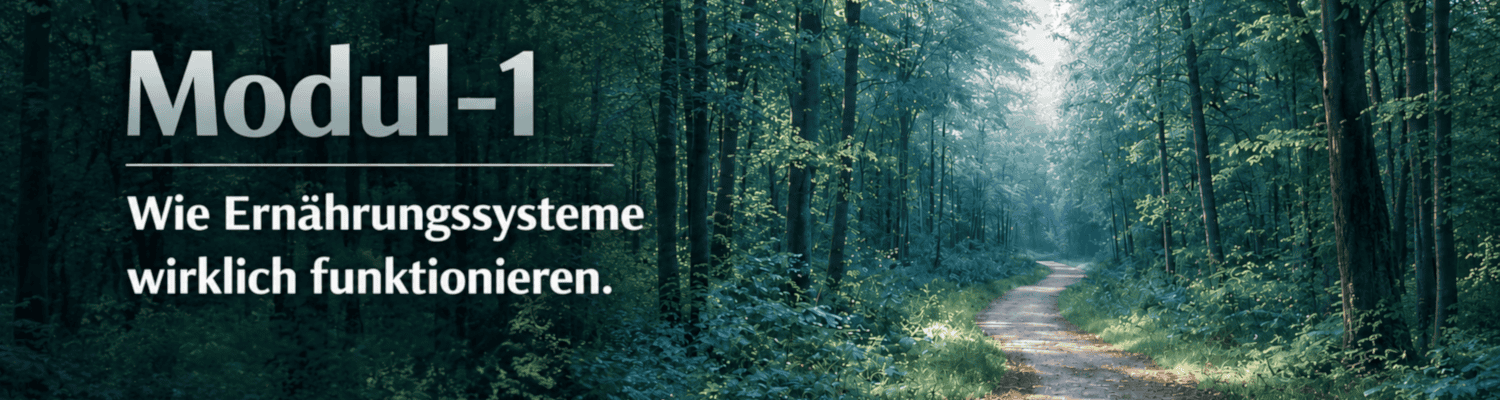 Waldweg im kühlen Licht mit Text „Modul 1 – Wie Ernährungssysteme wirklich funktionieren“ – Symbol für Erkenntnis und systemisches Verständnis.