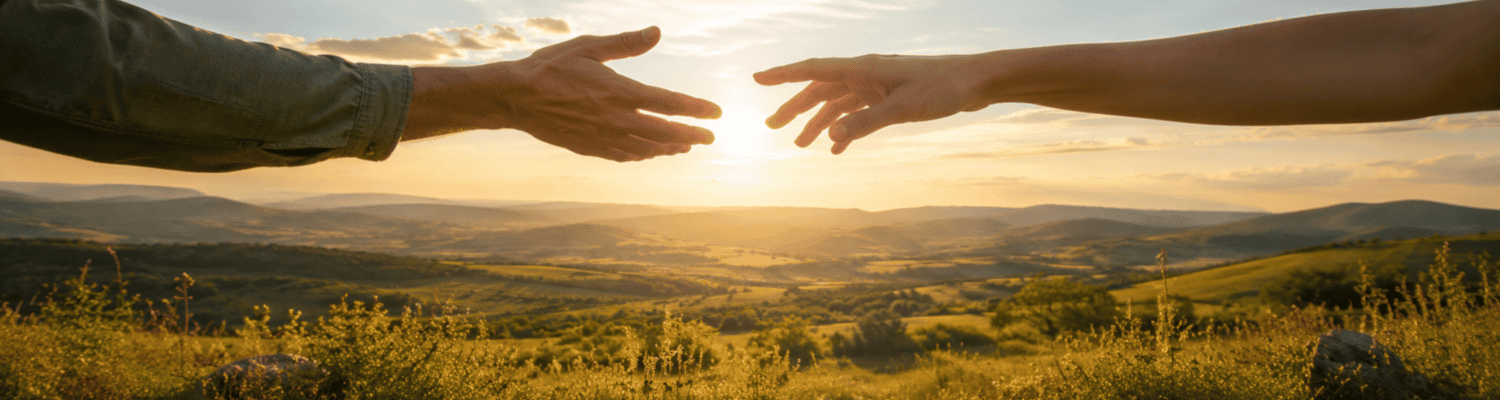 Zwei Hände strecken sich im goldenen Morgenlicht über einer weiten Landschaft entgegen – Symbol für Verbindung und Vertrauen im Newsletter Giftfrei‑Leben.de