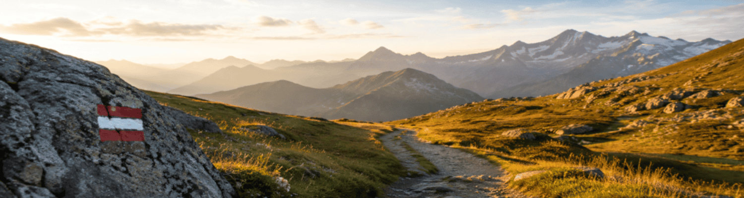 Rot‑weiß‑rote Wegmarkierung auf einem Felsen entlang eines alpinen Wanderpfads im Morgenlicht.