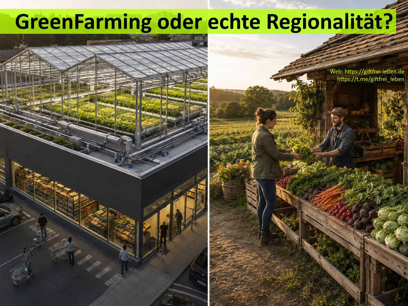 Vergleich zwischen GreenFarming auf Supermarktdach und echter regionaler Landwirtschaft im Hofladen